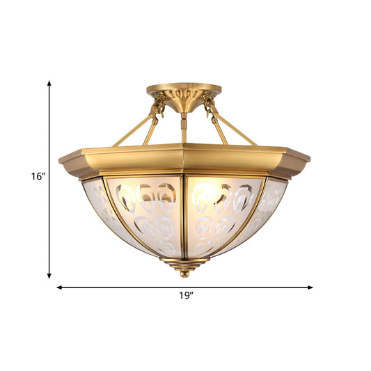 Colonial Dome Ceiling Mount Light Fixture 15"/19" W 3/4 Bulbs Opal Glass Semi Flush Chandelier in Brass for Living Room Clearhalo 'Ceiling Lights' 'Close To Ceiling Lights' 'Close to ceiling' 'Glass shade' 'Glass' 'Semi-flushmount' Lighting' 271463