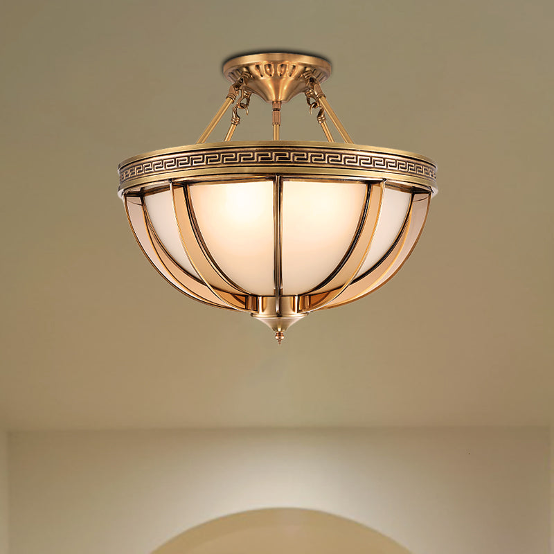 16.5"/20.5" W Ivory Glass Bowl Ceiling Lighting Colonial 3/4 Heads Living Room Semi Flush Mount Light Fixture in Brass Brass Clearhalo 'Ceiling Lights' 'Close To Ceiling Lights' 'Close to ceiling' 'Glass shade' 'Glass' 'Semi-flushmount' Lighting' 271465