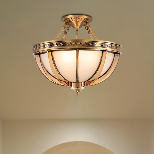16.5"/20.5" W Ivory Glass Bowl Ceiling Lighting Colonial 3/4 Heads Living Room Semi Flush Mount Light Fixture in Brass Brass Clearhalo 'Ceiling Lights' 'Close To Ceiling Lights' 'Close to ceiling' 'Glass shade' 'Glass' 'Semi-flushmount' Lighting' 271465