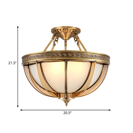 16.5"/20.5" W Ivory Glass Bowl Ceiling Lighting Colonial 3/4 Heads Living Room Semi Flush Mount Light Fixture in Brass Clearhalo 'Ceiling Lights' 'Close To Ceiling Lights' 'Close to ceiling' 'Glass shade' 'Glass' 'Semi-flushmount' Lighting' 271470