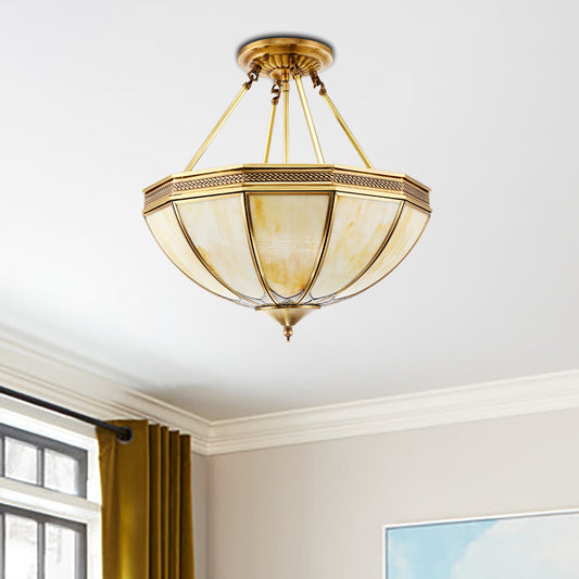 Brass 3/4 Heads Semi Flush Light Colonialism Sandblasted Glass Bowl Ceiling Fixture for Living Room, 14"/18" W Brass Clearhalo 'Ceiling Lights' 'Close To Ceiling Lights' 'Close to ceiling' 'Glass shade' 'Glass' 'Semi-flushmount' Lighting' 271488
