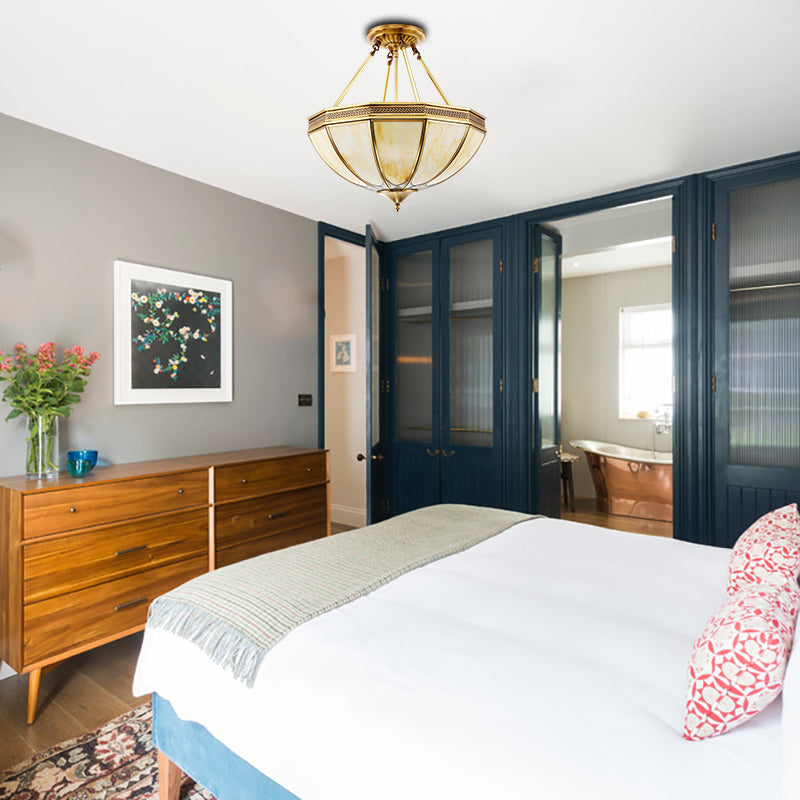 Brass 3/4 Heads Semi Flush Light Colonialism Sandblasted Glass Bowl Ceiling Fixture for Living Room, 14"/18" W Clearhalo 'Ceiling Lights' 'Close To Ceiling Lights' 'Close to ceiling' 'Glass shade' 'Glass' 'Semi-flushmount' Lighting' 271490