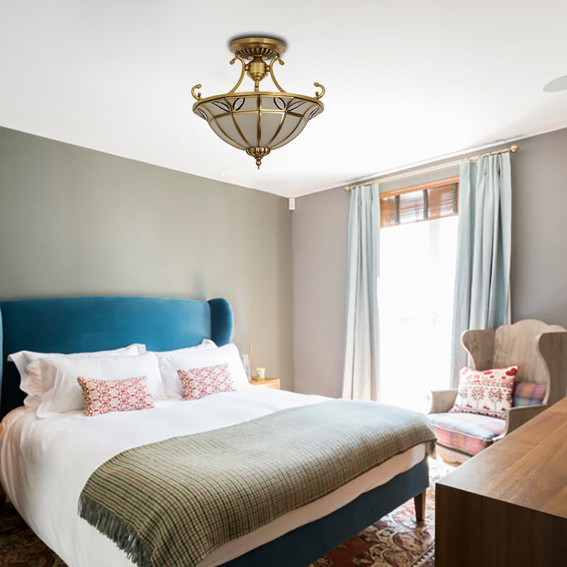Brass 3 Heads Semi Flush Light Colonialism Sandblasted Glass Dome Ceiling Fixture for Porch Clearhalo 'Ceiling Lights' 'Close To Ceiling Lights' 'Close to ceiling' 'Glass shade' 'Glass' 'Semi-flushmount' Lighting' 271502