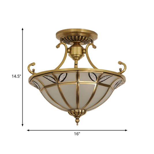Brass 3 Heads Semi Flush Light Colonialism Sandblasted Glass Dome Ceiling Fixture for Porch Clearhalo 'Ceiling Lights' 'Close To Ceiling Lights' 'Close to ceiling' 'Glass shade' 'Glass' 'Semi-flushmount' Lighting' 271504