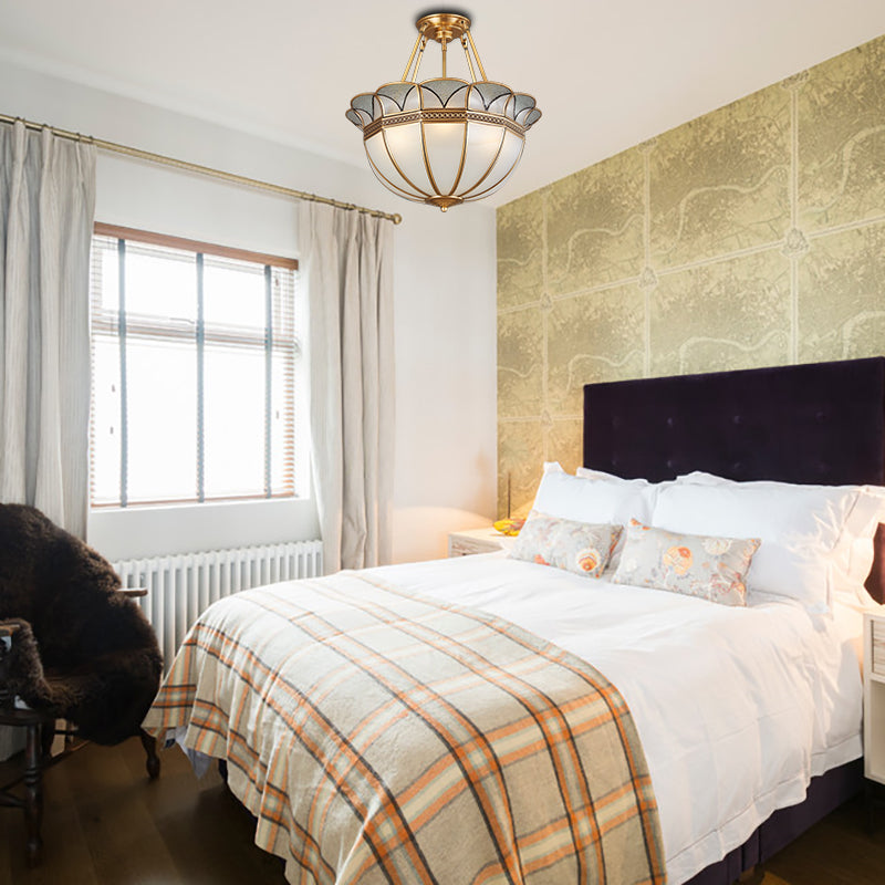 Bowl Milky Glass Ceiling Lighting Colonial 4 Bulbs Living Room Semi Flush Mount Ceiling Light in Brass Clearhalo 'Ceiling Lights' 'Close To Ceiling Lights' 'Close to ceiling' 'Glass shade' 'Glass' 'Semi-flushmount' Lighting' 271508