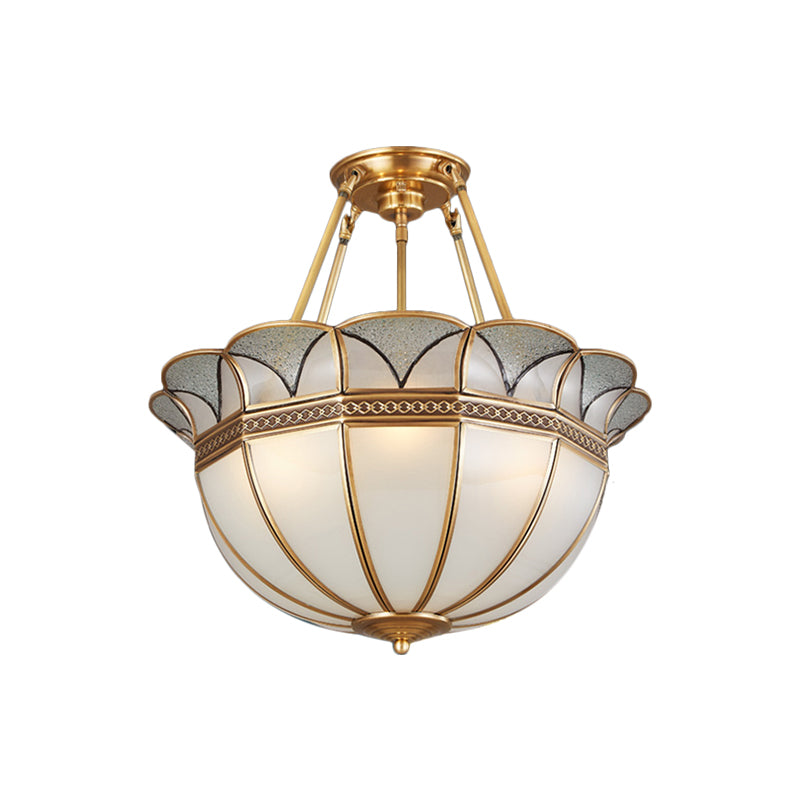 Bowl Milky Glass Ceiling Lighting Colonial 4 Bulbs Living Room Semi Flush Mount Ceiling Light in Brass Clearhalo 'Ceiling Lights' 'Close To Ceiling Lights' 'Close to ceiling' 'Glass shade' 'Glass' 'Semi-flushmount' Lighting' 271509