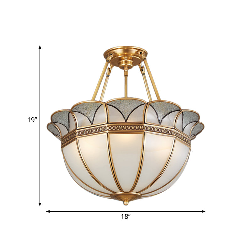 Bowl Milky Glass Ceiling Lighting Colonial 4 Bulbs Living Room Semi Flush Mount Ceiling Light in Brass Clearhalo 'Ceiling Lights' 'Close To Ceiling Lights' 'Close to ceiling' 'Glass shade' 'Glass' 'Semi-flushmount' Lighting' 271510