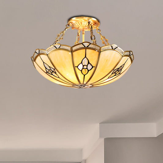 18"/19.5" W Dome Bedroom Semi-Flush Mount Light Colonial Frosted Glass 4 Bulbs Brass Close to Ceiling Lighting Fixture Brass 18" Clearhalo 'Ceiling Lights' 'Close To Ceiling Lights' 'Close to ceiling' 'Glass shade' 'Glass' 'Semi-flushmount' Lighting' 271517