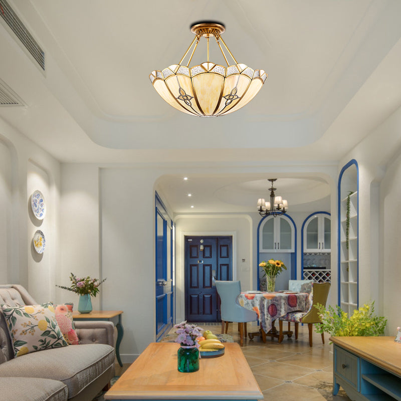 18"/19.5" W Dome Bedroom Semi-Flush Mount Light Colonial Frosted Glass 4 Bulbs Brass Close to Ceiling Lighting Fixture Clearhalo 'Ceiling Lights' 'Close To Ceiling Lights' 'Close to ceiling' 'Glass shade' 'Glass' 'Semi-flushmount' Lighting' 271524