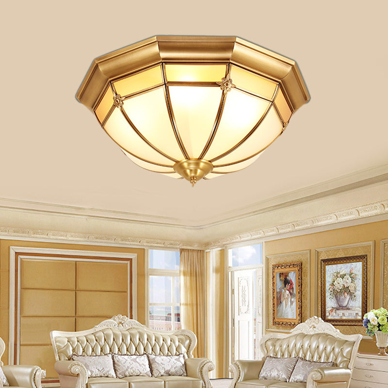 Brass 3/4/6 Heads Flush Mount Colonial White Glass Dome Ceiling Light Fixture for Bedroom, 14"/18"/23.5" W Brass Clearhalo 'Ceiling Lights' 'Close To Ceiling Lights' 'Close to ceiling' 'Flush mount' Lighting' 271629