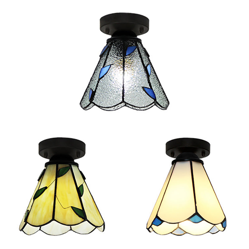 Conic Ceiling Light Fixture Vintage Stained Glass 1 Light Ceiling Fixture in White/Clear/Beige for Bedroom Clearhalo 'Ceiling Lights' 'Close To Ceiling Lights' 'Close to ceiling' 'Glass shade' 'Glass' 'Semi-flushmount' 'Tiffany close to ceiling' 'Tiffany' Lighting' 27166