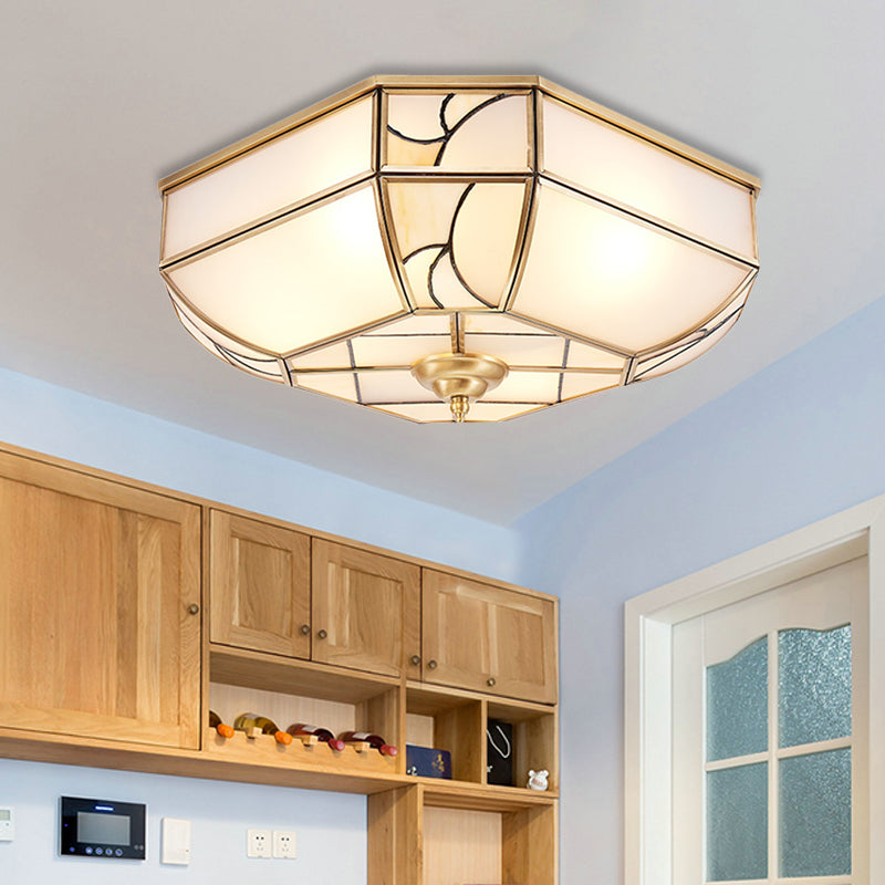 3 Lights Opal Glass Flush Mount Colonialism Brass Bowl Bedroom Ceiling Lighting Clearhalo 'Ceiling Lights' 'Close To Ceiling Lights' 'Close to ceiling' 'Flush mount' Lighting' 271661