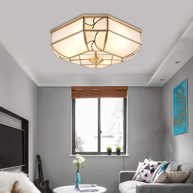 3 Lights Opal Glass Flush Mount Colonialism Brass Bowl Bedroom Ceiling Lighting Clearhalo 'Ceiling Lights' 'Close To Ceiling Lights' 'Close to ceiling' 'Flush mount' Lighting' 271662