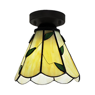 Conic Ceiling Light Fixture Vintage Stained Glass 1 Light Ceiling Fixture in White/Clear/Beige for Bedroom Beige Clearhalo 'Ceiling Lights' 'Close To Ceiling Lights' 'Close to ceiling' 'Glass shade' 'Glass' 'Semi-flushmount' 'Tiffany close to ceiling' 'Tiffany' Lighting' 27167