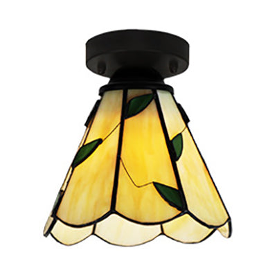 Conic Ceiling Light Fixture Vintage Stained Glass 1 Light Ceiling Fixture in White/Clear/Beige for Bedroom Clearhalo 'Ceiling Lights' 'Close To Ceiling Lights' 'Close to ceiling' 'Glass shade' 'Glass' 'Semi-flushmount' 'Tiffany close to ceiling' 'Tiffany' Lighting' 27168