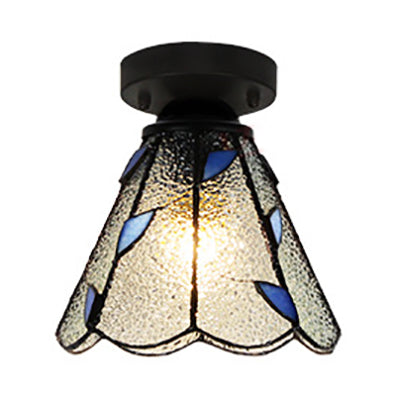 Conic Ceiling Light Fixture Vintage Stained Glass 1 Light Ceiling Fixture in White/Clear/Beige for Bedroom Clearhalo 'Ceiling Lights' 'Close To Ceiling Lights' 'Close to ceiling' 'Glass shade' 'Glass' 'Semi-flushmount' 'Tiffany close to ceiling' 'Tiffany' Lighting' 27170