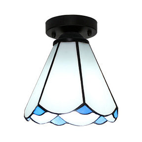 Conic Ceiling Light Fixture Vintage Stained Glass 1 Light Ceiling Fixture in White/Clear/Beige for Bedroom White Clearhalo 'Ceiling Lights' 'Close To Ceiling Lights' 'Close to ceiling' 'Glass shade' 'Glass' 'Semi-flushmount' 'Tiffany close to ceiling' 'Tiffany' Lighting' 27171