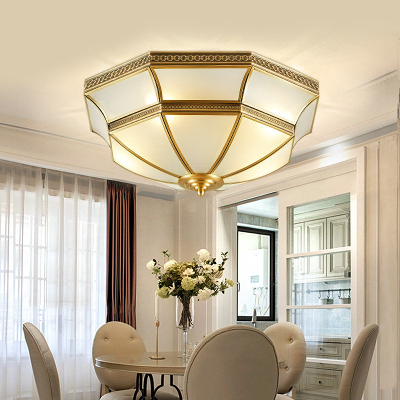 Opal-White Glass Brass Ceiling Mount Dome 3/4-Light Colonialism Flush Mount Chandelier for Bedroom, 14"/18" W