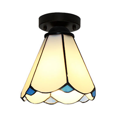 Conic Ceiling Light Fixture Vintage Stained Glass 1 Light Ceiling Fixture in White/Clear/Beige for Bedroom Clearhalo 'Ceiling Lights' 'Close To Ceiling Lights' 'Close to ceiling' 'Glass shade' 'Glass' 'Semi-flushmount' 'Tiffany close to ceiling' 'Tiffany' Lighting' 27172