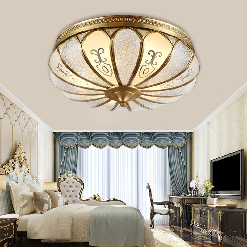 Brass 3 Lights Flush Mount Fixture Colonialism Curved Frosted Glass Scalloped Ceiling Mounted Light for Living Room Brass Clearhalo 'Ceiling Lights' 'Close To Ceiling Lights' 'Close to ceiling' 'Flush mount' Lighting' 271738