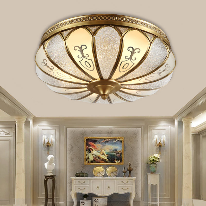 Brass 3 Lights Flush Mount Fixture Colonialism Curved Frosted Glass Scalloped Ceiling Mounted Light for Living Room Clearhalo 'Ceiling Lights' 'Close To Ceiling Lights' 'Close to ceiling' 'Flush mount' Lighting' 271739