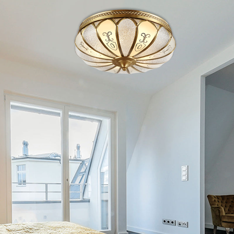 Brass 3 Lights Flush Mount Fixture Colonialism Curved Frosted Glass Scalloped Ceiling Mounted Light for Living Room Clearhalo 'Ceiling Lights' 'Close To Ceiling Lights' 'Close to ceiling' 'Flush mount' Lighting' 271740