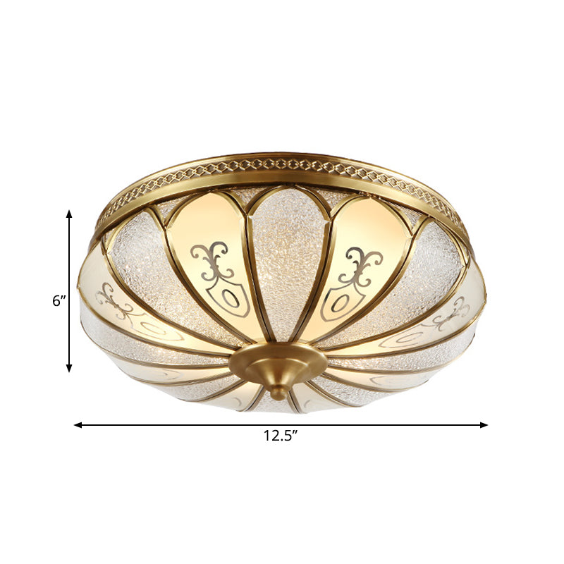 Brass 3 Lights Flush Mount Fixture Colonialism Curved Frosted Glass Scalloped Ceiling Mounted Light for Living Room Clearhalo 'Ceiling Lights' 'Close To Ceiling Lights' 'Close to ceiling' 'Flush mount' Lighting' 271742