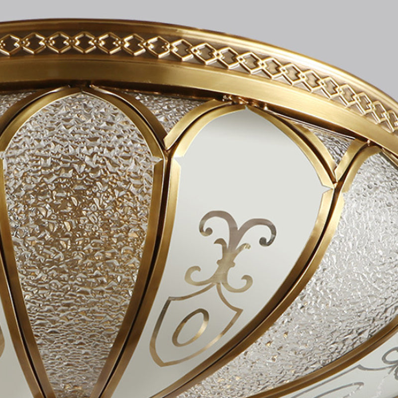 Brass 3 Lights Flush Mount Fixture Colonialism Curved Frosted Glass Scalloped Ceiling Mounted Light for Living Room Clearhalo 'Ceiling Lights' 'Close To Ceiling Lights' 'Close to ceiling' 'Flush mount' Lighting' 271743