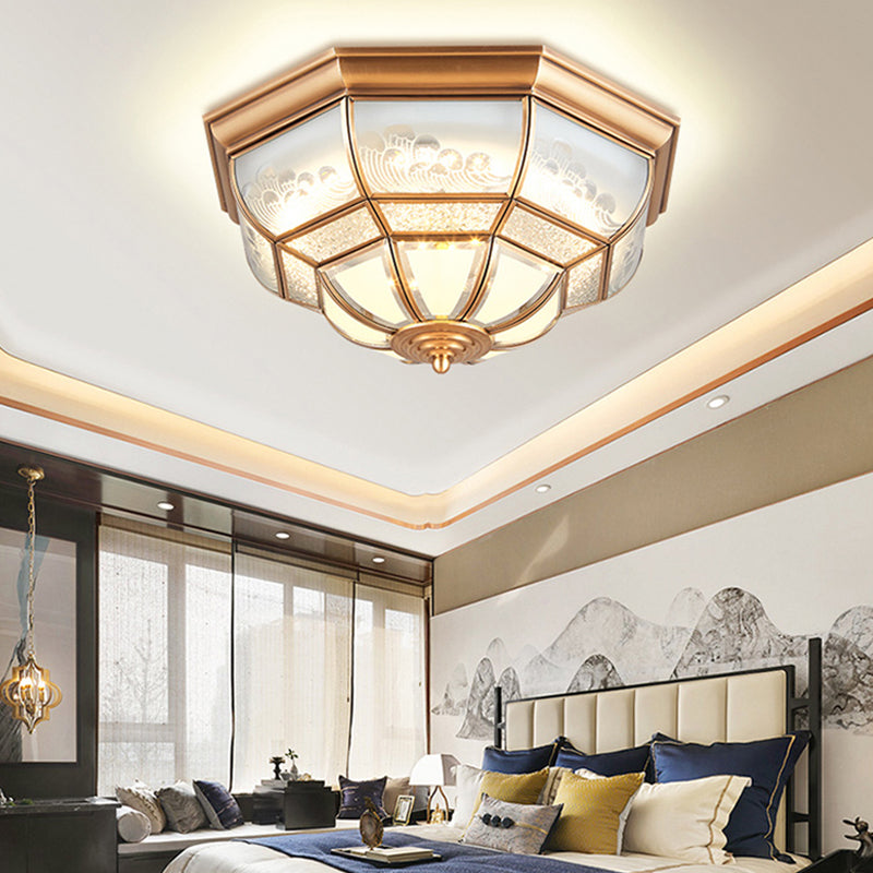13"/21" W LED Bowl Ceiling Light Colonial Brass Mouth Blown Opal Glass Flush Light Fixture for Bedroom Brass Clearhalo 'Ceiling Lights' 'Close To Ceiling Lights' 'Close to ceiling' 'Flush mount' Lighting' 271750