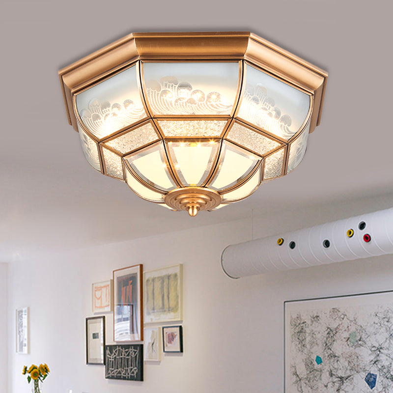 13"/21" W LED Bowl Ceiling Light Colonial Brass Mouth Blown Opal Glass Flush Light Fixture for Bedroom Clearhalo 'Ceiling Lights' 'Close To Ceiling Lights' 'Close to ceiling' 'Flush mount' Lighting' 271751