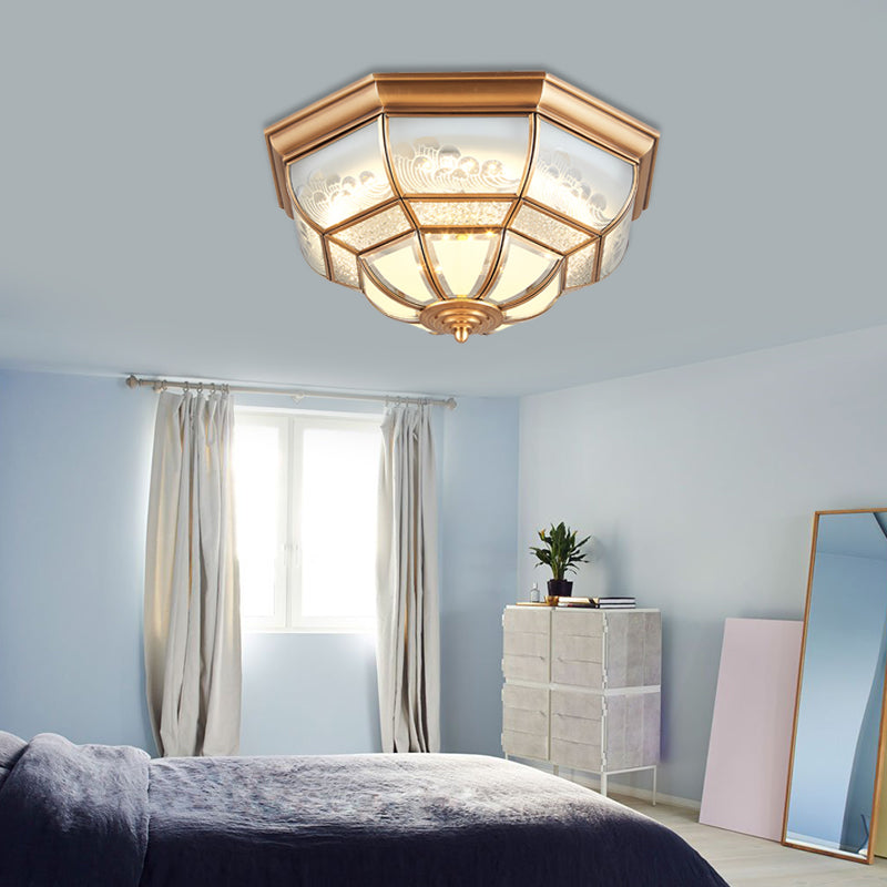 13"/21" W LED Bowl Ceiling Light Colonial Brass Mouth Blown Opal Glass Flush Light Fixture for Bedroom Clearhalo 'Ceiling Lights' 'Close To Ceiling Lights' 'Close to ceiling' 'Flush mount' Lighting' 271752