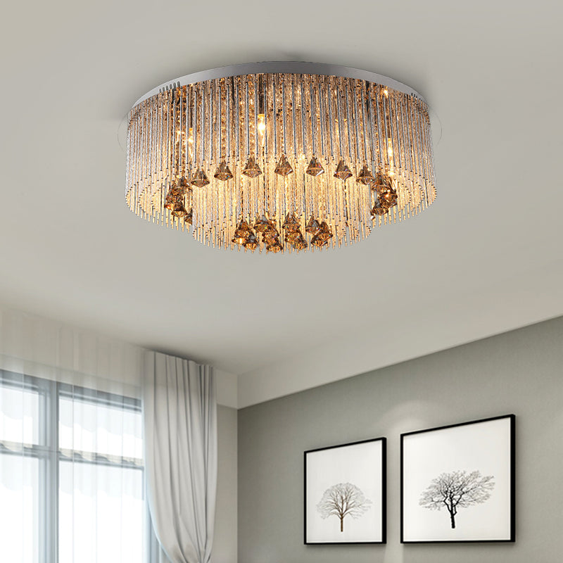 Round Flush Light Contemporary Crystal 9/12/18 Bulbs Nickel Ceiling Mounted Fixture for Living Room Nickel Clearhalo 'Ceiling Lights' 'Close To Ceiling Lights' 'Close to ceiling' 'Flush mount' Lighting' 271775