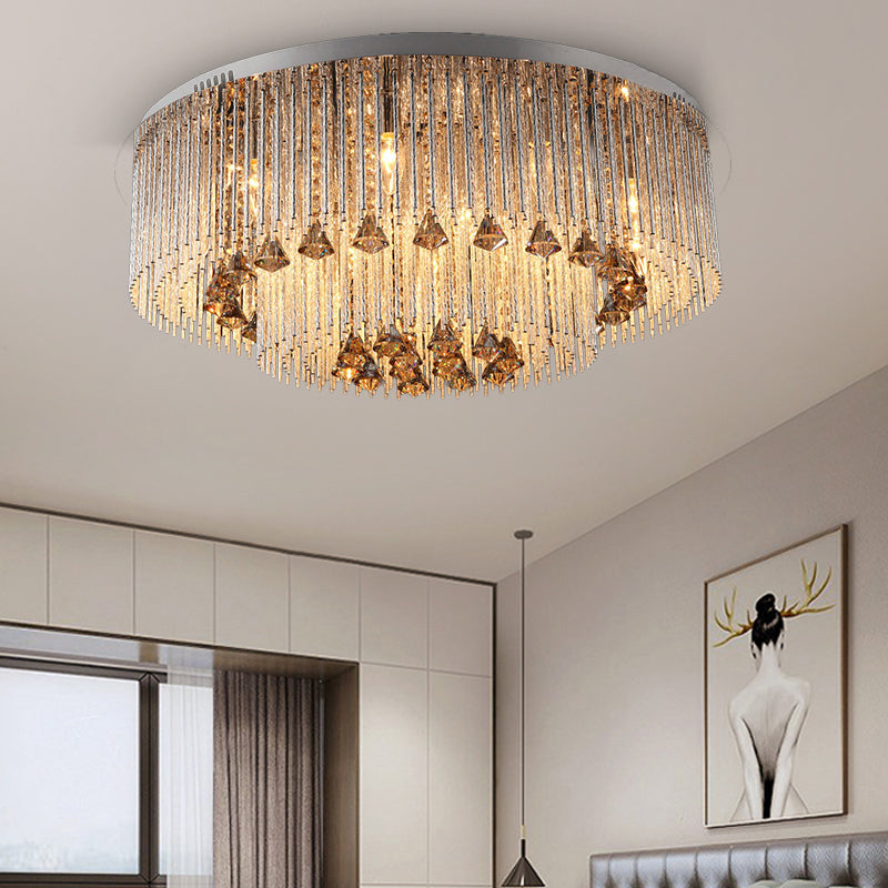Round Flush Light Contemporary Crystal 9/12/18 Bulbs Nickel Ceiling Mounted Fixture for Living Room Clearhalo 'Ceiling Lights' 'Close To Ceiling Lights' 'Close to ceiling' 'Flush mount' Lighting' 271776