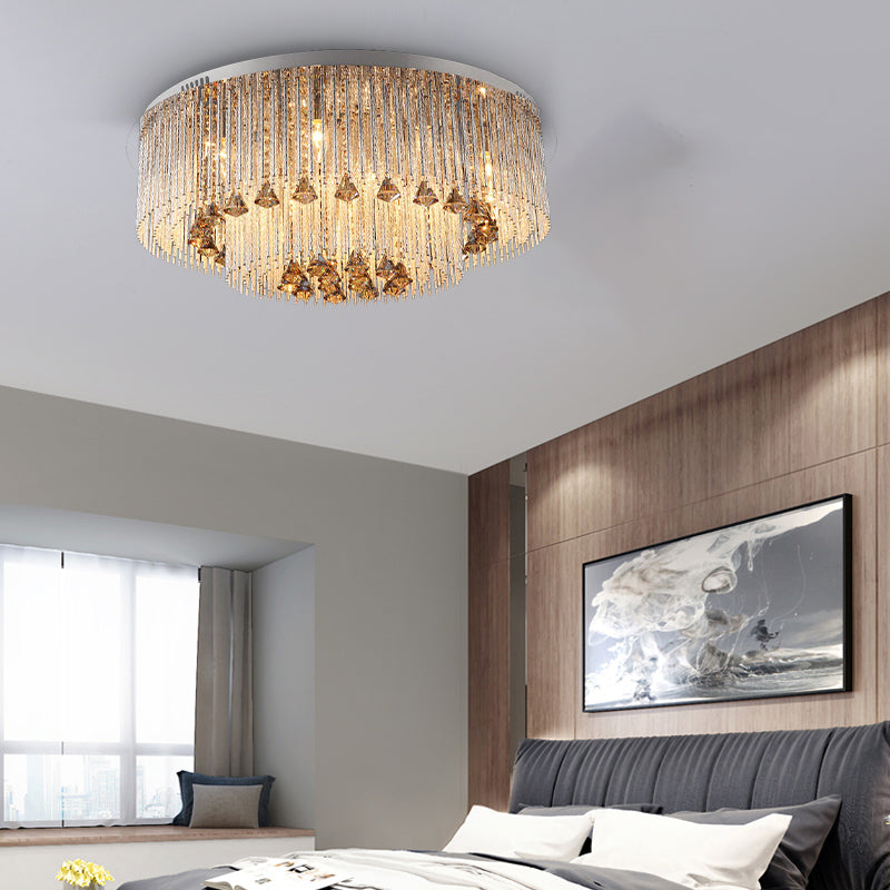 Round Flush Light Contemporary Crystal 9/12/18 Bulbs Nickel Ceiling Mounted Fixture for Living Room Clearhalo 'Ceiling Lights' 'Close To Ceiling Lights' 'Close to ceiling' 'Flush mount' Lighting' 271777