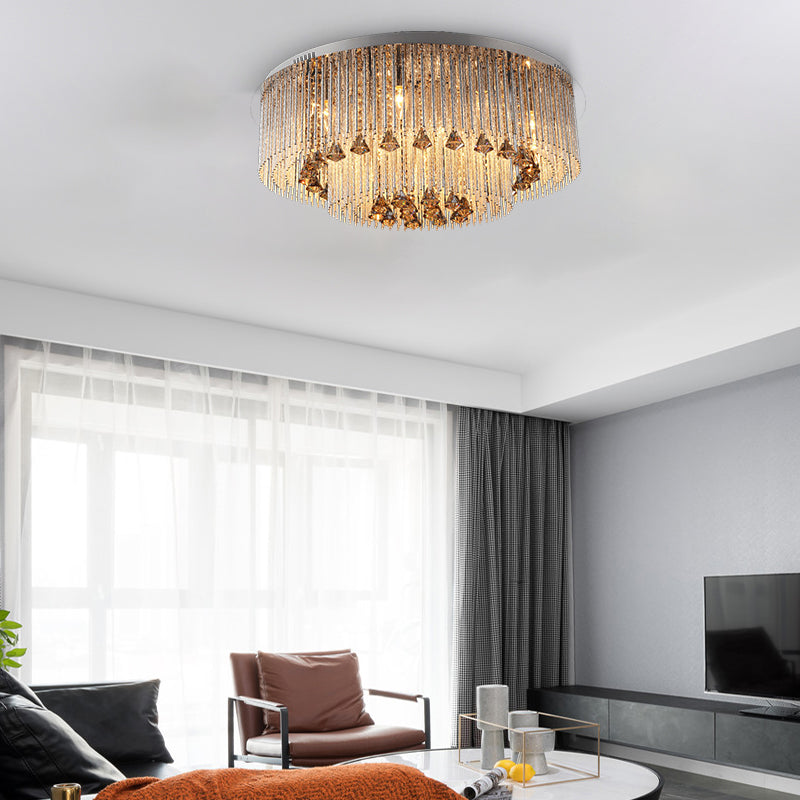 Round Flush Light Contemporary Crystal 9/12/18 Bulbs Nickel Ceiling Mounted Fixture for Living Room Clearhalo 'Ceiling Lights' 'Close To Ceiling Lights' 'Close to ceiling' 'Flush mount' Lighting' 271778