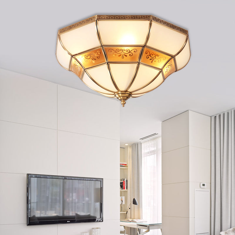 Colonialism Bell Ceiling Mount Light Fixture 3 Bulbs Ivory Glass Flush Mount Chandelier in Brass for Bedroom - Brass - Clearhalo - 'Ceiling Lights' - 'Close To Ceiling Lights' - 'Close to ceiling' - 'Flush mount' - Lighting' - 271781