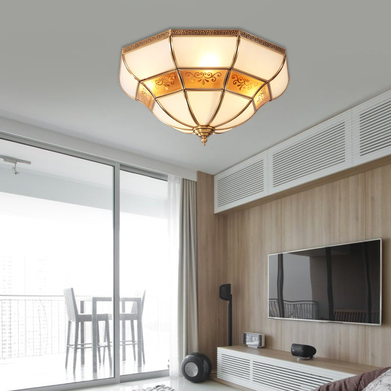 Colonialism Bell Ceiling Mount Light Fixture 3 Bulbs Ivory Glass Flush Mount Chandelier in Brass for Bedroom - Clearhalo - 'Ceiling Lights' - 'Close To Ceiling Lights' - 'Close to ceiling' - 'Flush mount' - Lighting' - 271783