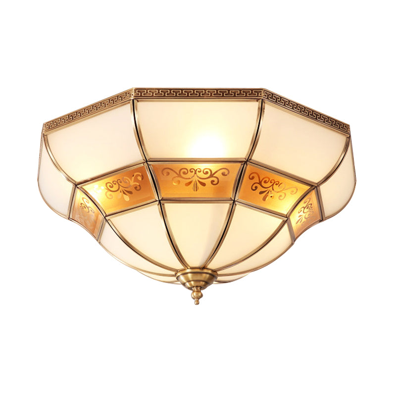 Colonialism Bell Ceiling Mount Light Fixture 3 Bulbs Ivory Glass Flush Mount Chandelier in Brass for Bedroom - Clearhalo - 'Ceiling Lights' - 'Close To Ceiling Lights' - 'Close to ceiling' - 'Flush mount' - Lighting' - 271784