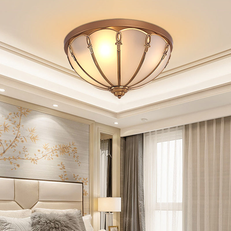 Dome Opaline Glass Ceiling Mounted Fixture Colonial 3/4 Bulbs Bedroom Flush Mount Ceiling Lamp in Brass