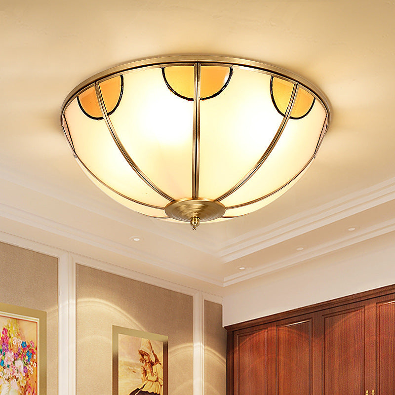 Brass 3 Lights Flush Mount Lamp Colonialism Sandblasted Glass Dome Ceiling Light Fixture for Living Room