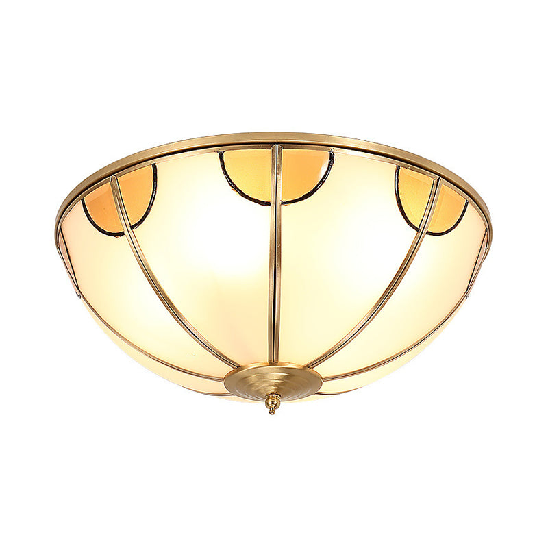 Brass 3 Lights Flush Mount Lamp Colonialism Sandblasted Glass Dome Ceiling Light Fixture for Living Room