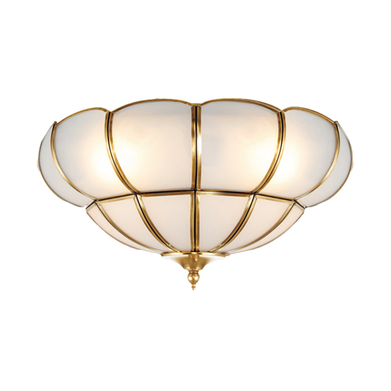 Colonialism Scallop Ceiling Mounted Light 11"/18" W 3 Bulbs Satin Opal Glass Flush Mount Chandelier in Brass Clearhalo 'Ceiling Lights' 'Close To Ceiling Lights' 'Close to ceiling' 'Flush mount' Lighting' 271870