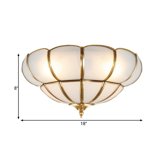 Colonialism Scallop Ceiling Mounted Light 11"/18" W 3 Bulbs Satin Opal Glass Flush Mount Chandelier in Brass Clearhalo 'Ceiling Lights' 'Close To Ceiling Lights' 'Close to ceiling' 'Flush mount' Lighting' 271871
