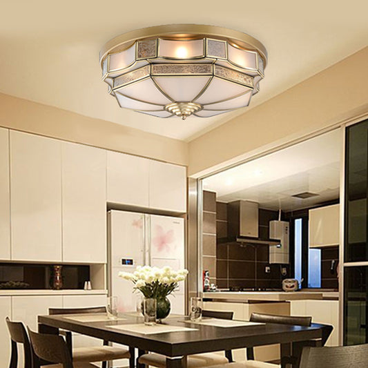 Curved Frosted Glass Brass Ceiling Flush Scallop 3/5 Heads Colonialist Flush Mount Lamp for Bedroom Clearhalo 'Ceiling Lights' 'Close To Ceiling Lights' 'Close to ceiling' 'Flush mount' Lighting' 271885