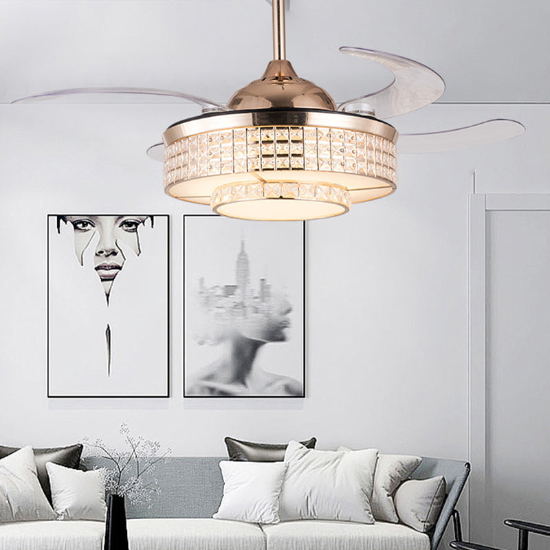 Drum Ceiling Fan Light Contemporary Crystal 15"/19" Wide LED Gold Semi Flush Mount with Remote Control/Wall Control/Remote Control and Wall Control Clearhalo 'Ceiling Fans with Lights' 'Ceiling Fans' 'Modern Ceiling Fans' 'Modern' Lighting' 271892