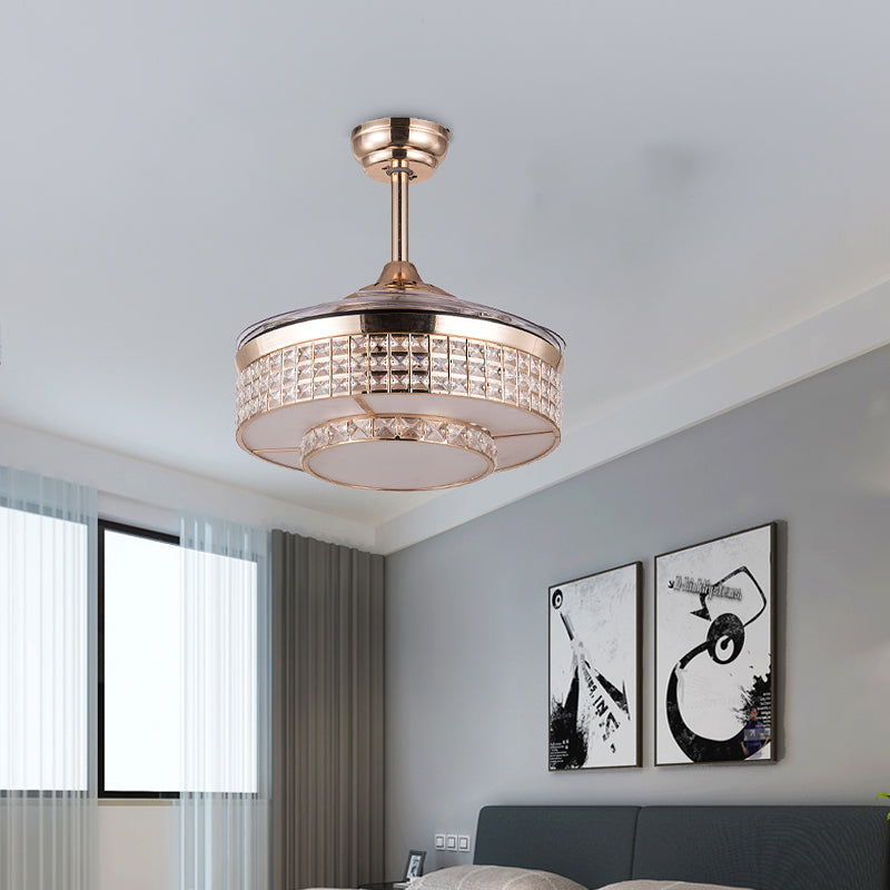 Drum Ceiling Fan Light Contemporary Crystal 15"/19" Wide LED Gold Semi Flush Mount with Remote Control/Wall Control/Remote Control and Wall Control Clearhalo 'Ceiling Fans with Lights' 'Ceiling Fans' 'Modern Ceiling Fans' 'Modern' Lighting' 271893