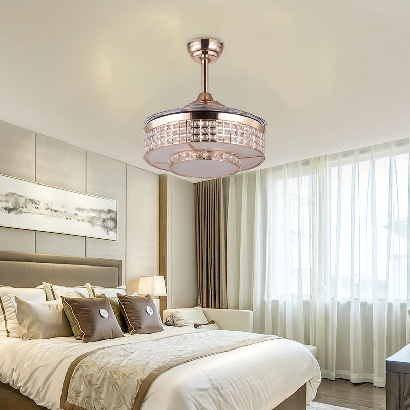Drum Ceiling Fan Light Contemporary Crystal 15"/19" Wide LED Gold Semi Flush Mount with Remote Control/Wall Control/Remote Control and Wall Control Clearhalo 'Ceiling Fans with Lights' 'Ceiling Fans' 'Modern Ceiling Fans' 'Modern' Lighting' 271894
