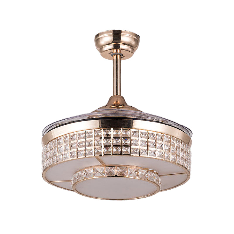 Drum Ceiling Fan Light Contemporary Crystal 15"/19" Wide LED Gold Semi Flush Mount with Remote Control/Wall Control/Remote Control and Wall Control Clearhalo 'Ceiling Fans with Lights' 'Ceiling Fans' 'Modern Ceiling Fans' 'Modern' Lighting' 271895