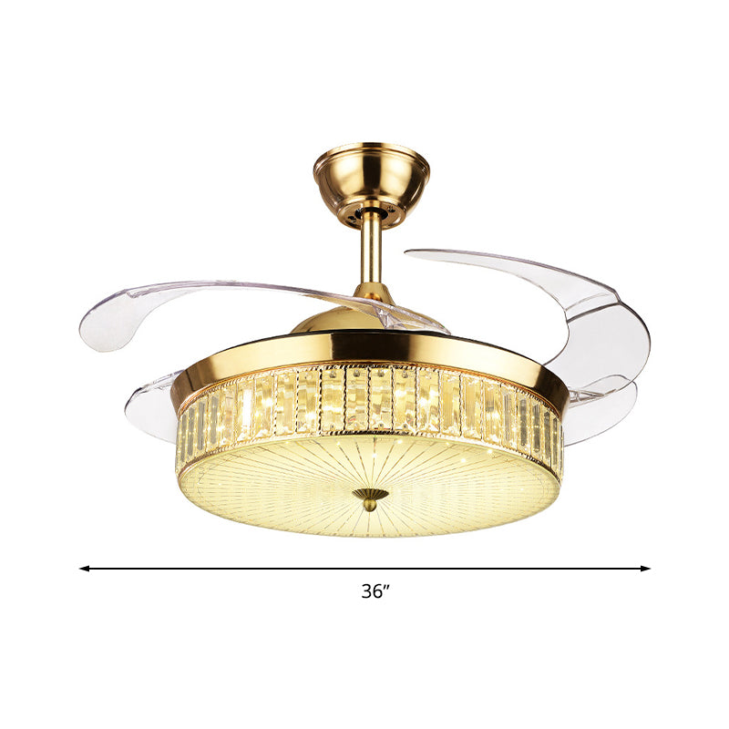 Drum Ceiling Fan Light Modernism Crystal Gold Led Flush Mount Light Fixture with 4 Blades, 36"/42" Wide Clearhalo 'Ceiling Fans with Lights' 'Ceiling Fans' 'Modern Ceiling Fans' 'Modern' Lighting' 271933