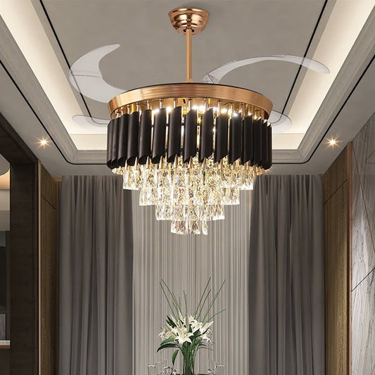 Gold Tiered Ceiling Fan Light Modernist K9 Crystal Flush Mount Led Light with Remote Control/Frequency Conversion for Dining Room Gold Clearhalo 'Ceiling Fans with Lights' 'Ceiling Fans' 'Modern Ceiling Fans' 'Modern' Lighting' 271936